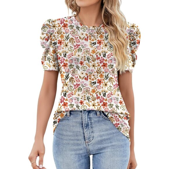 Tops - Floral Puff Sleeve Blouse - Multicolor
